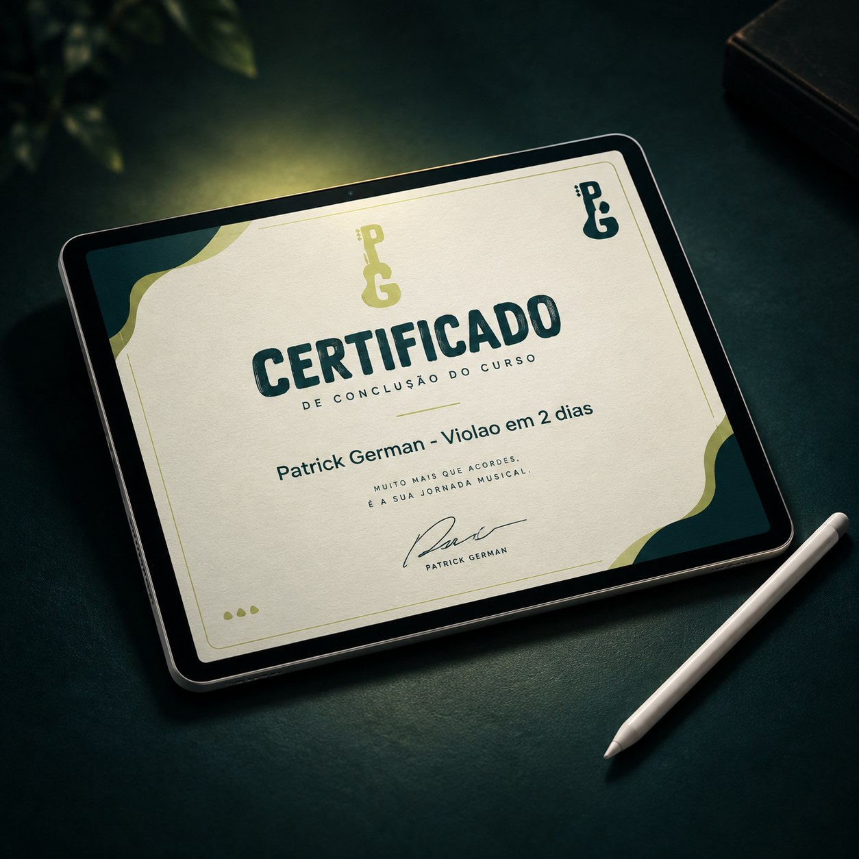 Tablet exibindo o certificado do workshop