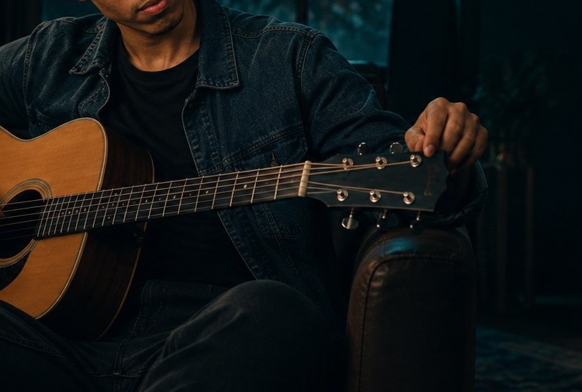 Patrick afinando o violão